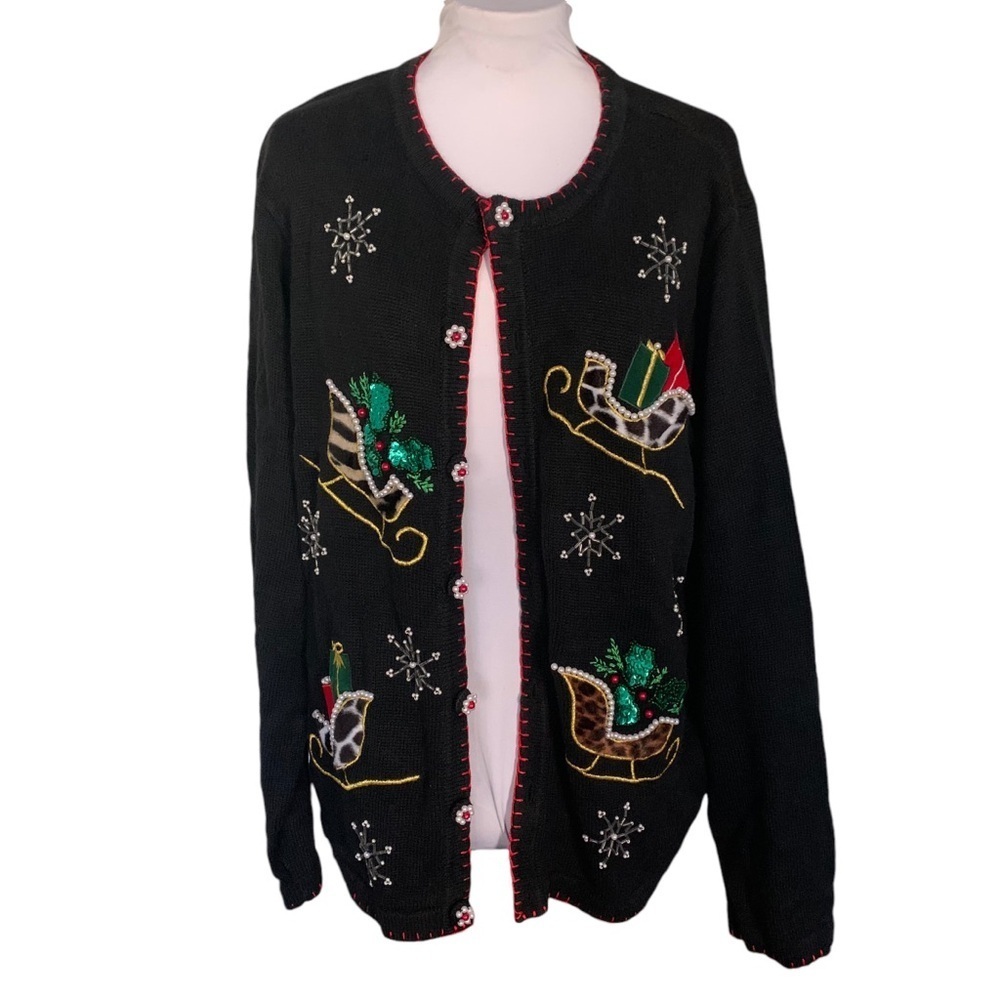 Vintage BP Design Christmas Sweater Cardigan Sequin Sleigh and Snowflake Sz L